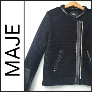 Maje Tweed Like Virgin Wool Blend Leather Moto Jacket 36!